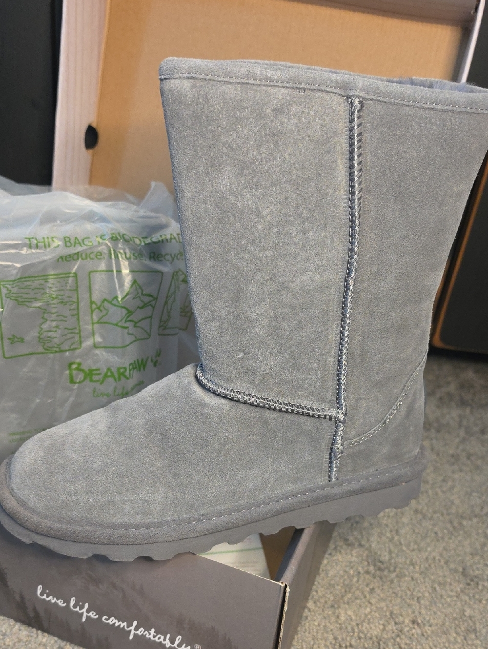 BearPaw Grey Suede Mid-Calf Boot with Green Logo Accents